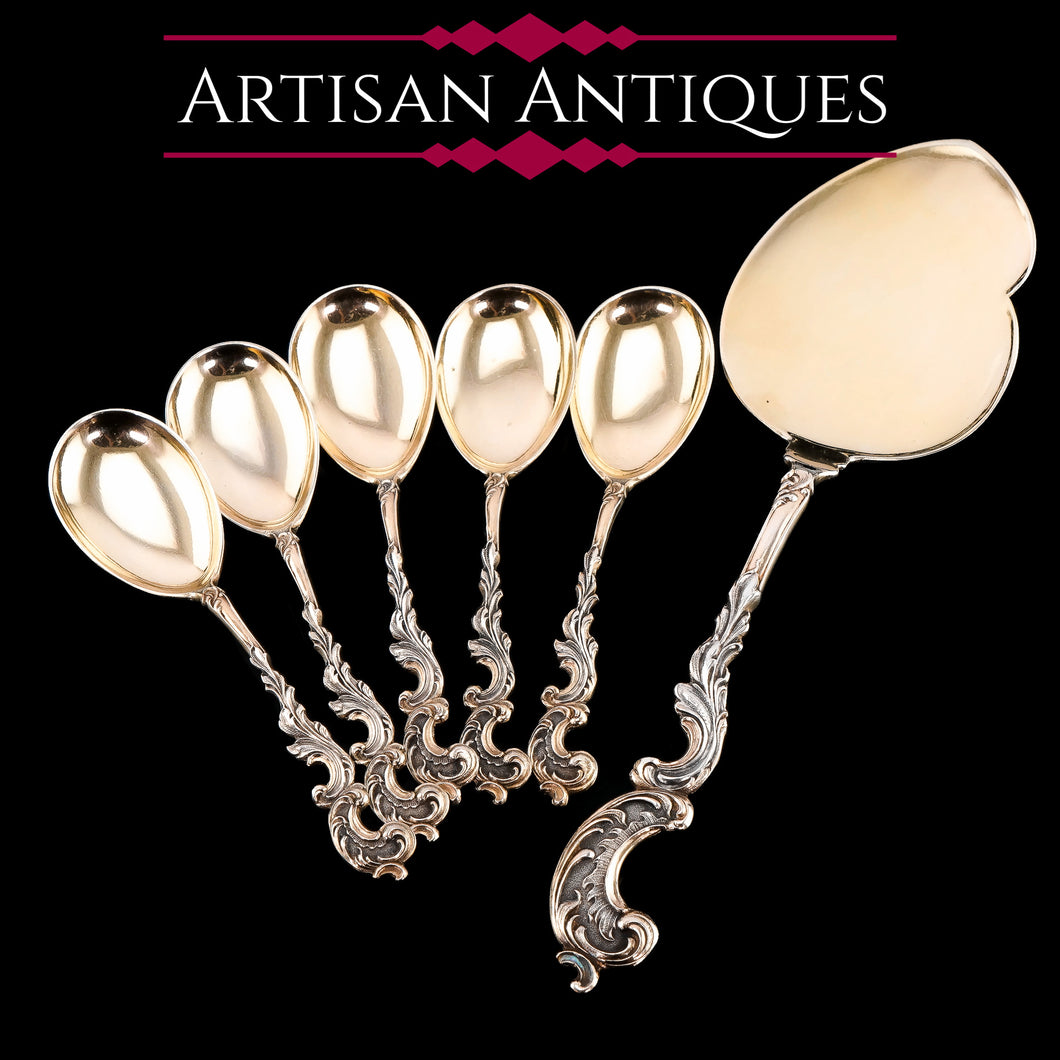 Antique German Solid Silver Icecream Server & Spoons in Rococo Style - c.1900
