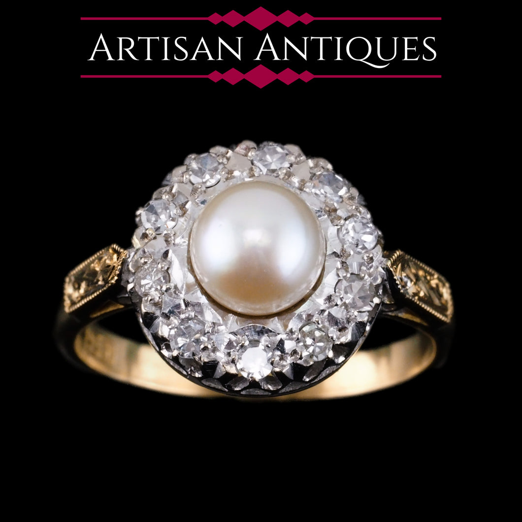 Antique Pearl & Diamond Cluster Ring 18ct Gold - c.1900s