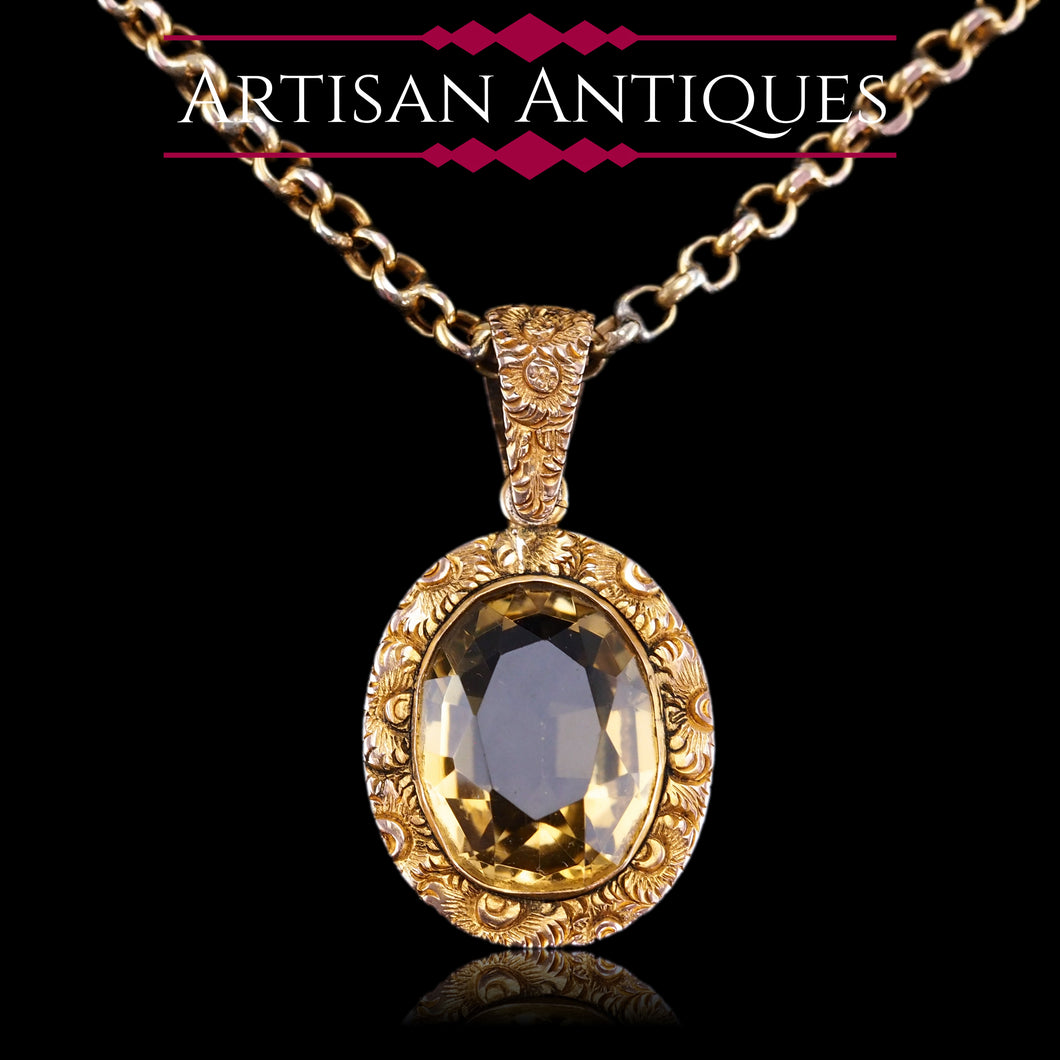 Antique Victorian 9ct Gold Citrine Pendant Necklace with Chased Floral Motif - c.1850