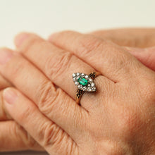 Load image into Gallery viewer, Magnificent Antique Victorian 18K Gold Emerald &amp; Diamond Navette Cluster Ring - c.1880
