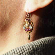 Load image into Gallery viewer, Antique Victorian 18K Gold Brooch/Pendant &amp; Earrings Garnet &amp; Chrysoberyl - Etruscan Revival c.1870
