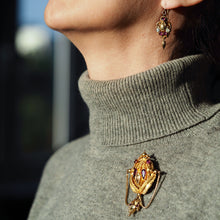 Load image into Gallery viewer, Antique Victorian 18K Gold Brooch/Pendant &amp; Earrings Garnet &amp; Chrysoberyl - Etruscan Revival c.1870
