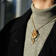 Load image into Gallery viewer, Antique Victorian 18K Gold Brooch/Pendant &amp; Earrings Garnet &amp; Chrysoberyl - Etruscan Revival c.1870
