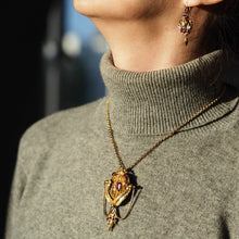 Load image into Gallery viewer, Antique Victorian 18K Gold Brooch/Pendant &amp; Earrings Garnet &amp; Chrysoberyl - Etruscan Revival c.1870
