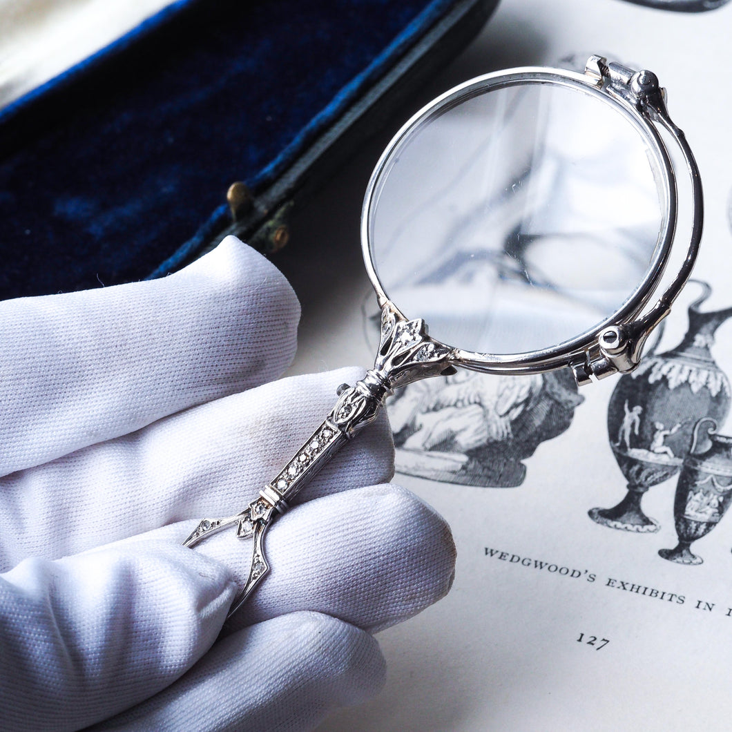 Antique Platinum Diamond Lorgnette Art Deco Opera Glasses - c.1920