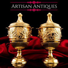 Load image into Gallery viewer, Antique Solid Silver Gilt Vase/Urn Pair with Figural Roman Classical Influences - George Nathan &amp; Ridley Hayes 1910
