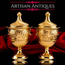 Load image into Gallery viewer, Antique Solid Silver Gilt Vase/Urn Pair with Figural Roman Classical Influences - George Nathan &amp; Ridley Hayes 1910
