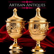 Load image into Gallery viewer, Antique Solid Silver Gilt Vase/Urn Pair with Figural Roman Classical Influences - George Nathan &amp; Ridley Hayes 1910
