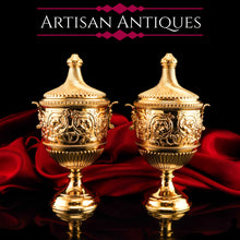 Load image into Gallery viewer, Antique Solid Silver Gilt Vase/Urn Pair with Figural Roman Classical Influences - George Nathan &amp; Ridley Hayes 1910
