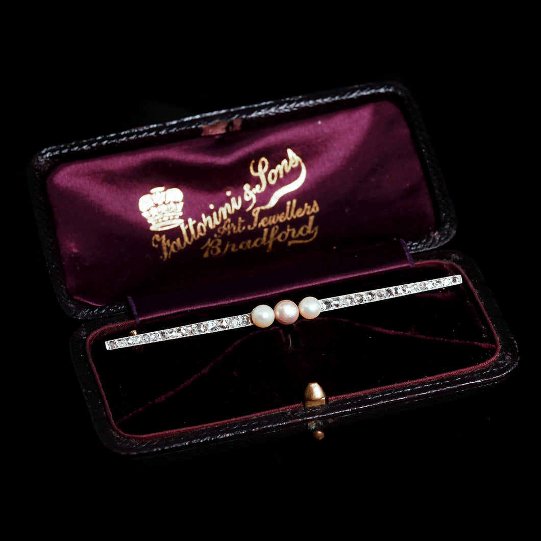 Antique 18ct Gold & Platinum Pink Pearl & Diamond Brooch - c.1920