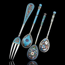 Load image into Gallery viewer, Antique Russian Silver Enamel Cloisonne Spoons and Fork Set c.1890 - Artisan Antiques
