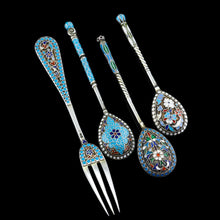 Load image into Gallery viewer, Antique Russian Silver Enamel Cloisonne Spoons and Fork Set c.1890 - Artisan Antiques
