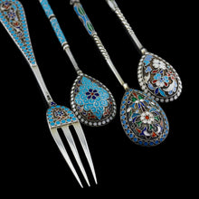 Load image into Gallery viewer, Antique Russian Silver Enamel Cloisonne Spoons and Fork Set c.1890 - Artisan Antiques
