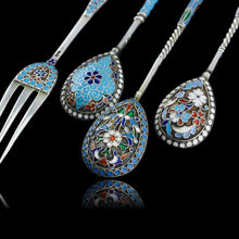 Load image into Gallery viewer, Antique Russian Silver Enamel Cloisonne Spoons and Fork Set c.1890 - Artisan Antiques
