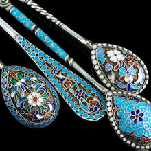 Load image into Gallery viewer, Antique Russian Silver Enamel Cloisonne Spoons and Fork Set c.1890 - Artisan Antiques

