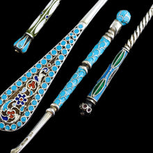 Load image into Gallery viewer, Antique Russian Silver Enamel Cloisonne Spoons and Fork Set c.1890 - Artisan Antiques

