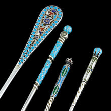 Load image into Gallery viewer, Antique Russian Silver Enamel Cloisonne Spoons and Fork Set c.1890 - Artisan Antiques
