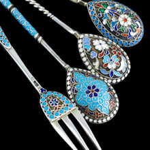 Load image into Gallery viewer, Antique Russian Silver Enamel Cloisonne Spoons and Fork Set c.1890 - Artisan Antiques
