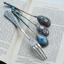 Load image into Gallery viewer, Antique Russian Silver Enamel Cloisonne Spoons and Fork Set c.1890 - Artisan Antiques
