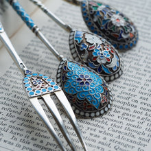 Load image into Gallery viewer, Antique Russian Silver Enamel Cloisonne Spoons and Fork Set c.1890 - Artisan Antiques
