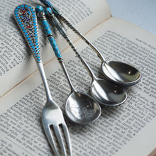 Load image into Gallery viewer, Antique Russian Silver Enamel Cloisonne Spoons and Fork Set c.1890 - Artisan Antiques
