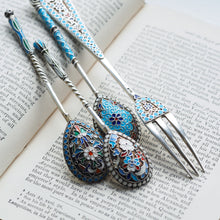 Load image into Gallery viewer, Antique Russian Silver Enamel Cloisonne Spoons and Fork Set c.1890 - Artisan Antiques
