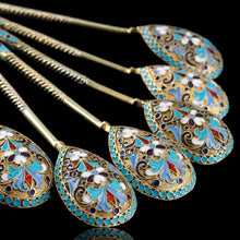 Load image into Gallery viewer, Antique Russian Silver Enamel Spoons Cloisonne Set of 6 - Dmitrii Nikolaevich Nikolaev c.1900 - Artisan Antiques
