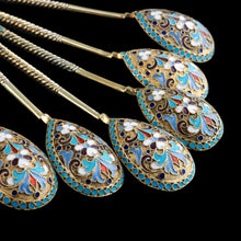 Load image into Gallery viewer, Antique Russian Silver Enamel Spoons Cloisonne Set of 6 - Dmitrii Nikolaevich Nikolaev c.1900 - Artisan Antiques
