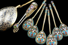 Load image into Gallery viewer, Antique Russian Silver Enamel Spoons Cloisonne Set of 6 - Dmitrii Nikolaevich Nikolaev c.1900 - Artisan Antiques
