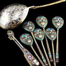 Load image into Gallery viewer, Antique Russian Silver Enamel Spoons Cloisonne Set of 6 - Dmitrii Nikolaevich Nikolaev c.1900 - Artisan Antiques
