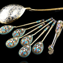 Load image into Gallery viewer, Antique Russian Silver Enamel Spoons Cloisonne Set of 6 - Dmitrii Nikolaevich Nikolaev c.1900 - Artisan Antiques
