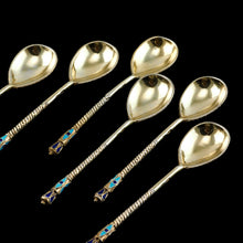 Load image into Gallery viewer, Antique Russian Silver Enamel Spoons Cloisonne Set of 6 - Dmitrii Nikolaevich Nikolaev c.1900 - Artisan Antiques
