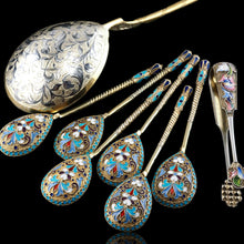 Load image into Gallery viewer, Antique Russian Silver Enamel Spoons Cloisonne Set of 6 - Dmitrii Nikolaevich Nikolaev c.1900 - Artisan Antiques
