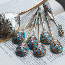 Load image into Gallery viewer, Antique Russian Silver Enamel Spoons Cloisonne Set of 6 - Dmitrii Nikolaevich Nikolaev c.1900 - Artisan Antiques
