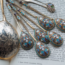 Load image into Gallery viewer, Antique Russian Silver Enamel Spoons Cloisonne Set of 6 - Dmitrii Nikolaevich Nikolaev c.1900 - Artisan Antiques
