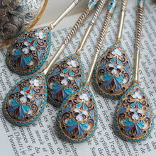 Load image into Gallery viewer, Antique Russian Silver Enamel Spoons Cloisonne Set of 6 - Dmitrii Nikolaevich Nikolaev c.1900 - Artisan Antiques
