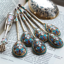 Load image into Gallery viewer, Antique Russian Silver Enamel Spoons Cloisonne Set of 6 - Dmitrii Nikolaevich Nikolaev c.1900 - Artisan Antiques
