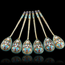 Load image into Gallery viewer, Antique Russian Silver Enamel Spoons Cloisonne Set of 6 - Dmitrii Nikolaevich Nikolaev c.1900 - Artisan Antiques
