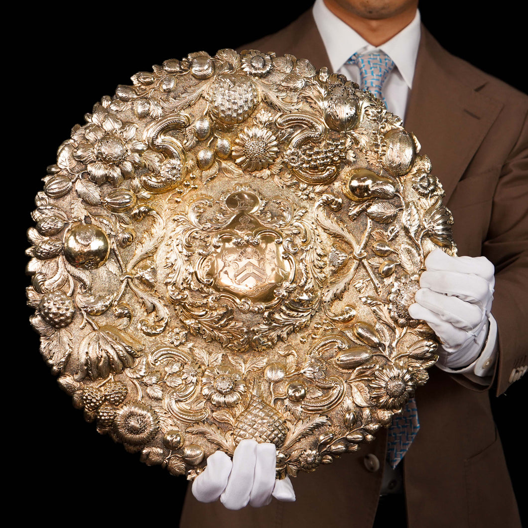 Magnificent Antique Solid Silver Gilt Charger/Sideboard Dish Baronet Coat of Arms - London 1809