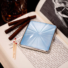Load image into Gallery viewer, Antique Sterling Silver Guilloche Enamel Cigarette Case with Blue Sunburst Top - William Neale &amp; Son Ltd 1913
