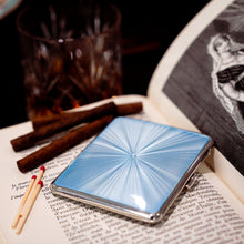 Load image into Gallery viewer, Antique Sterling Silver Guilloche Enamel Cigarette Case with Blue Sunburst Top - William Neale &amp; Son Ltd 1913
