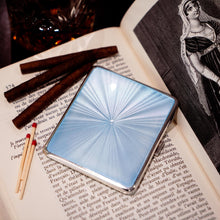 Load image into Gallery viewer, Antique Sterling Silver Guilloche Enamel Cigarette Case with Blue Sunburst Top - William Neale &amp; Son Ltd 1913
