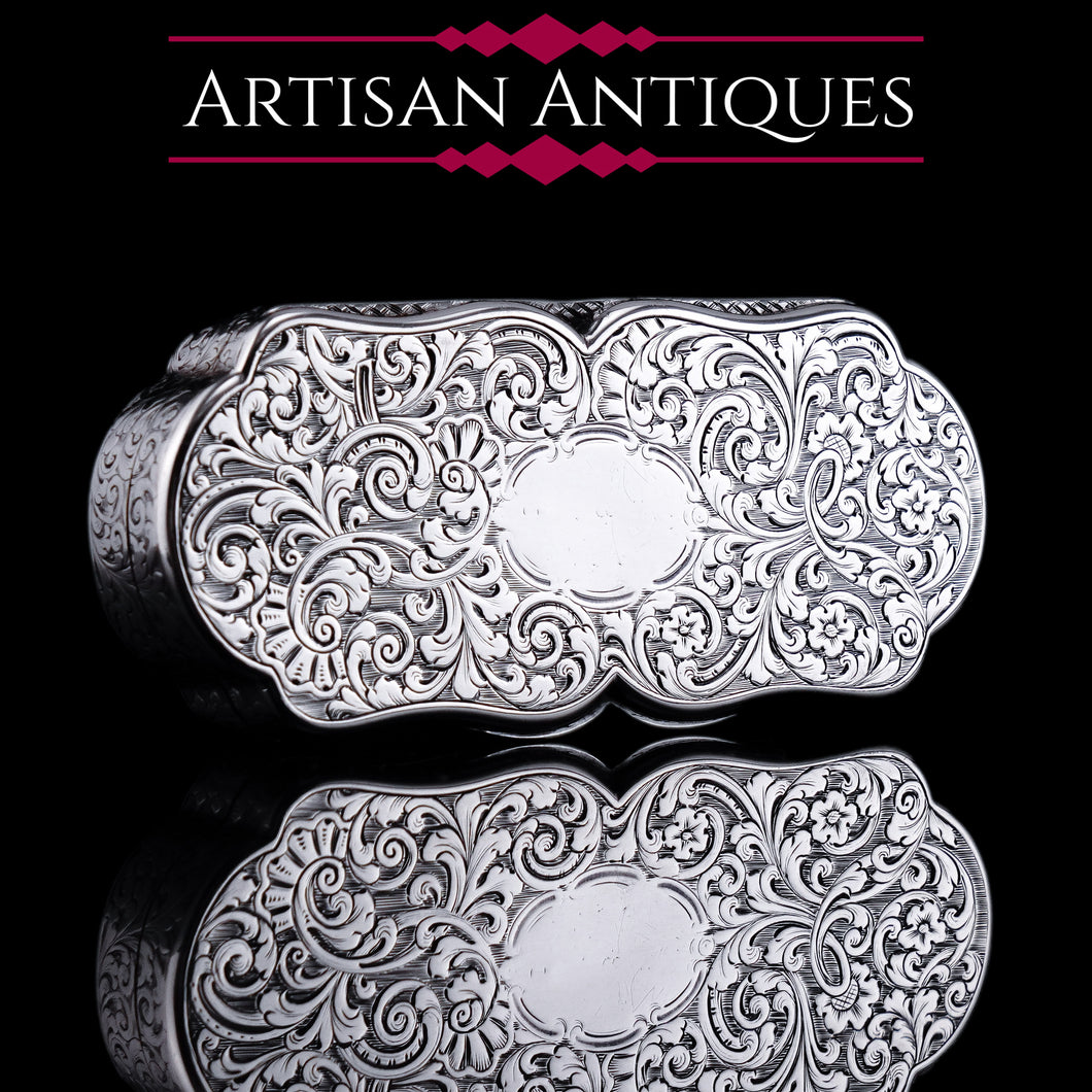Antique Victorian Solid Silver Snuff Box with Scrolled Acanthus Engravings - Nathaniel Mills 1840