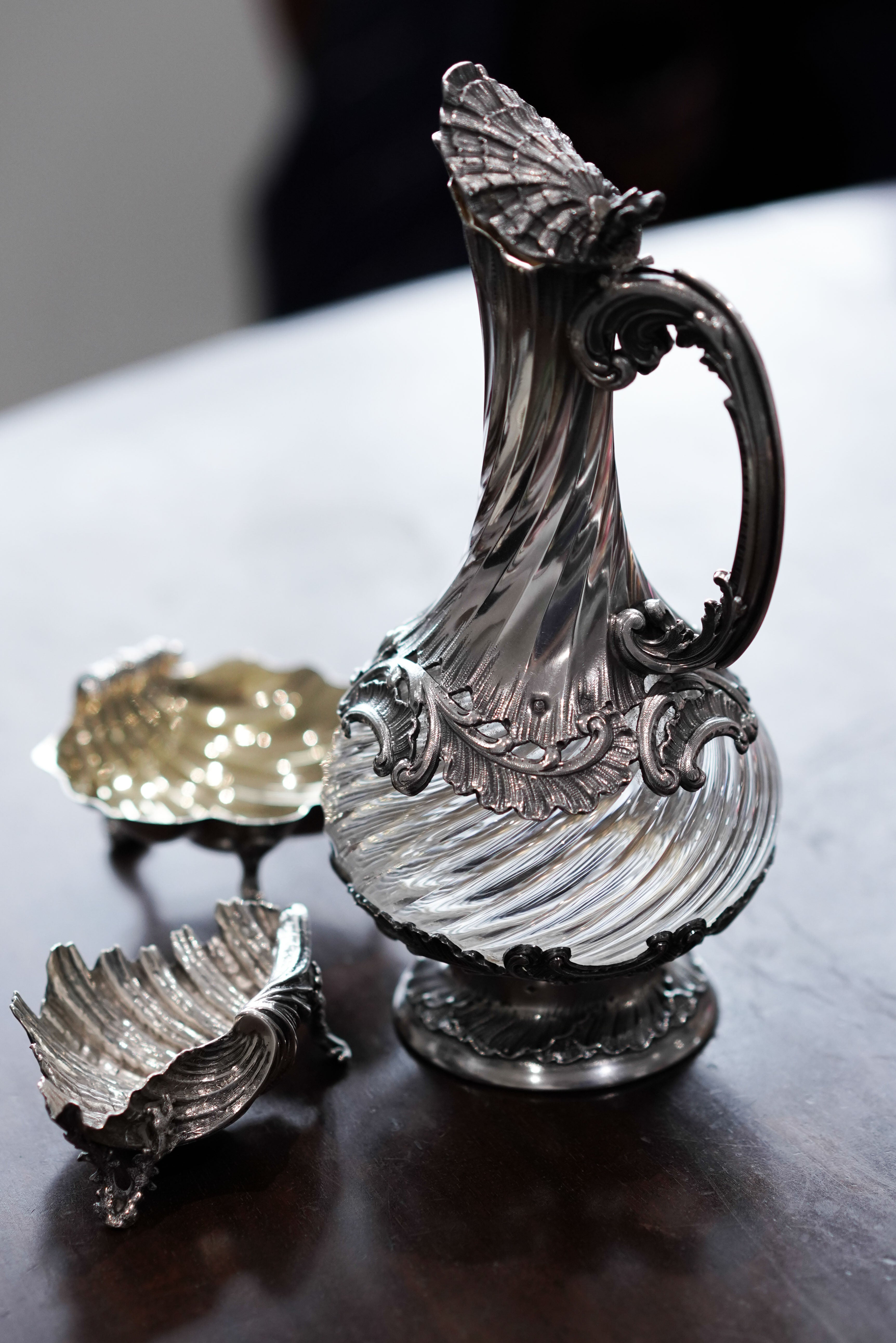 Antique French Solid Silver Ewer Glass Mounted, Rococo Shell