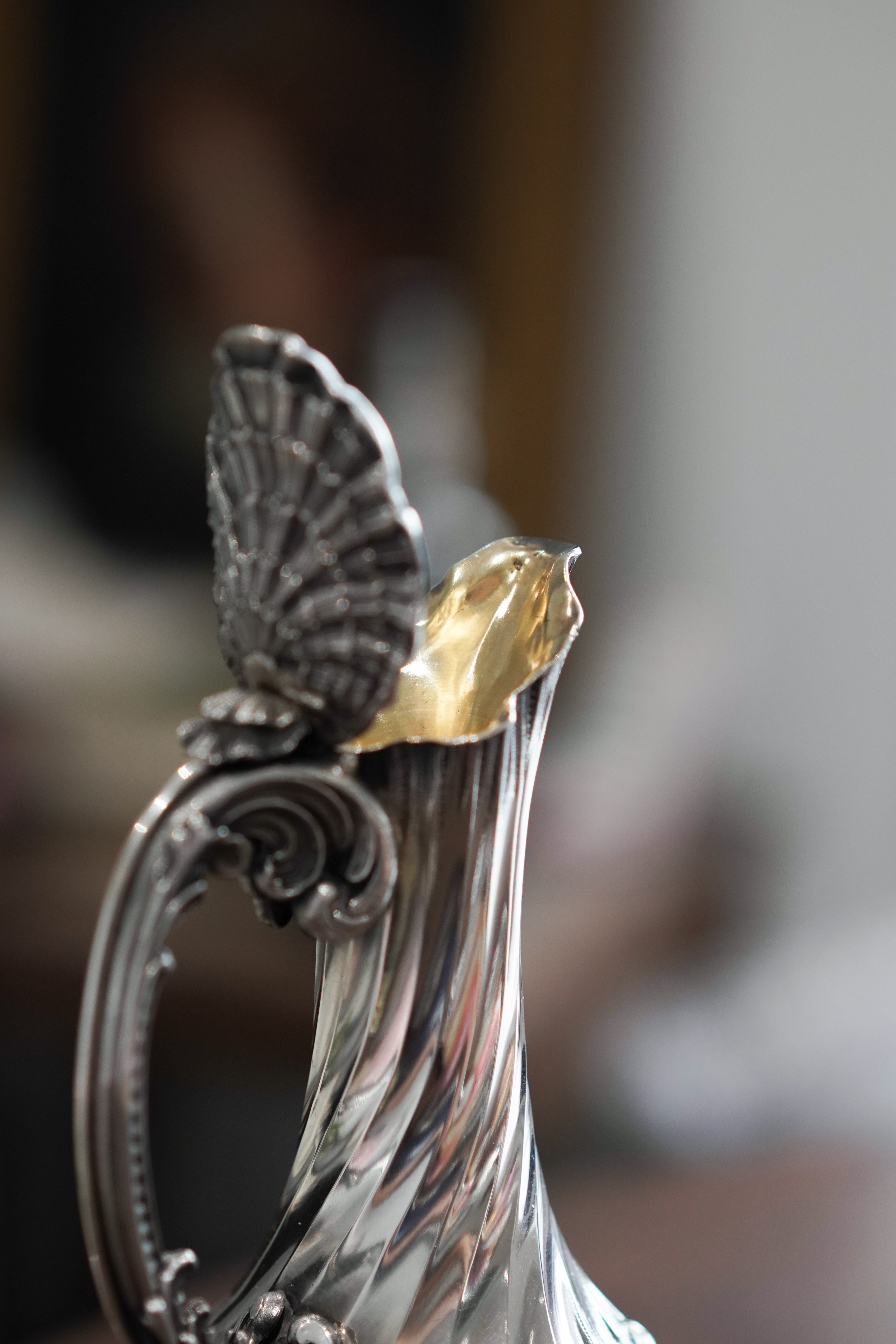 Antique French Solid Silver Ewer Glass Mounted, Rococo Shell