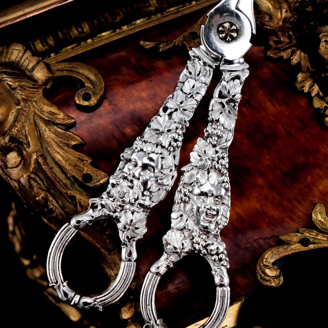 Magnificent Antique Georgian Solid Silver Grape Scissors/Shears with Figural Bacchanalia Masks - London c.1830