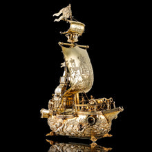 Load image into Gallery viewer, Antique Solid Silver Gilt Nef Ship Centrepiece with Mythological Figures &amp; English Royal Coat of Arms - c.1890
