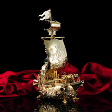 Load image into Gallery viewer, Antique Solid Silver Gilt Nef Ship Centrepiece with Mythological Figures &amp; English Royal Coat of Arms - c.1890
