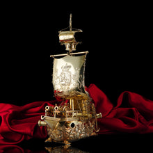 Load image into Gallery viewer, Antique Solid Silver Gilt Nef Ship Centrepiece with Mythological Figures &amp; English Royal Coat of Arms - c.1890
