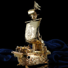 Load image into Gallery viewer, Antique Solid Silver Gilt Nef Ship Centrepiece with Mythological Figures &amp; English Royal Coat of Arms - c.1890
